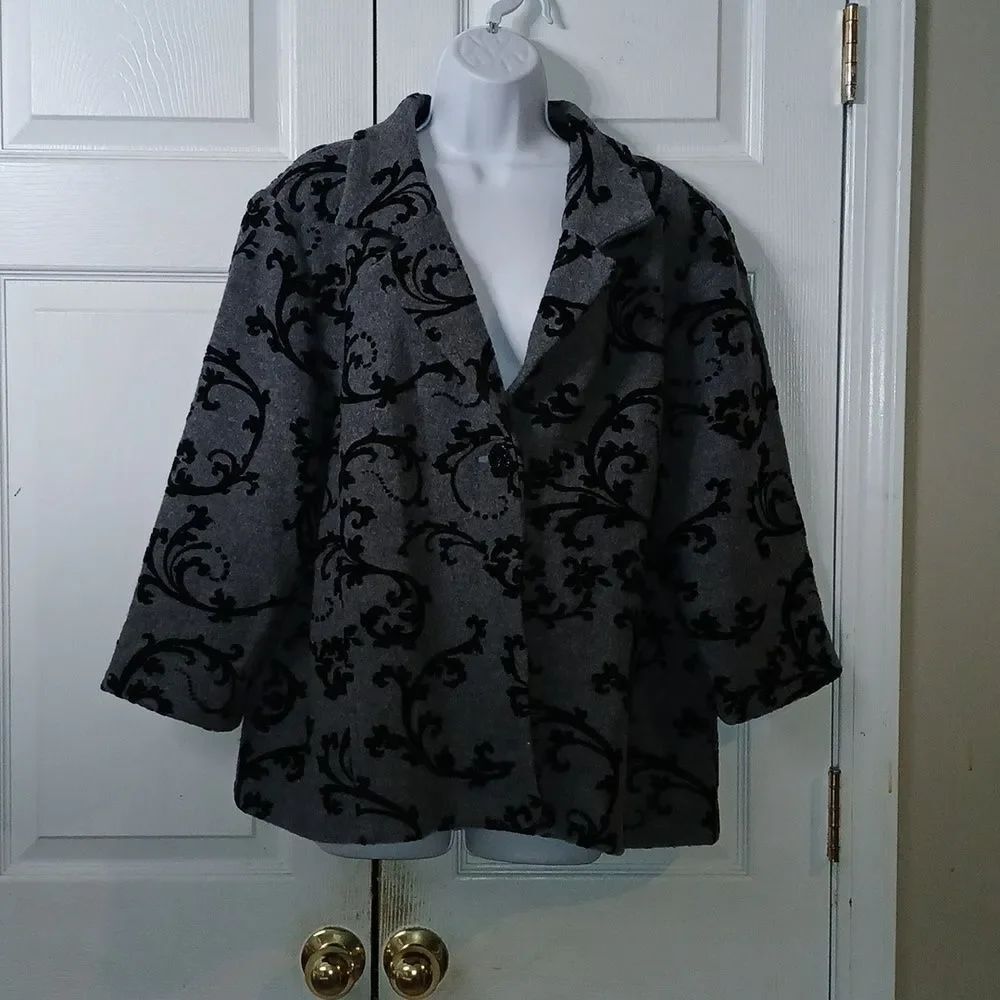 Coldwater Creek Gray Black Scrolls 100% Wool 3/4 Sleeve Jacket Blazer Sz 2X